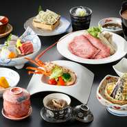 ・先付
・刺身盛合せ
・煮物
・茶碗蒸し
・牛しゃぶ
・伊勢海老焼き
・天ぷら盛合せ
・ふのりそば
・デザート

＊要予約