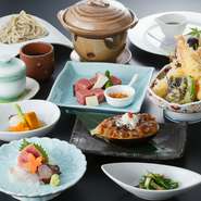 ・先付
・刺身盛合せ
・煮物
・茶碗蒸し
・黒毛和牛(A5)ステーキ
・焼き物
・天ぷら盛合せ
・ふのりそば
・デザート

＊要予約