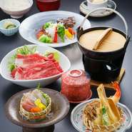 旬の刺身盛り合わせ
茶碗蒸し
サラダ
すき焼き
天ぷら盛り合わせ
御飯
香の物
味噌汁
デザート