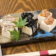 沖縄3点豆腐・いかすみ豆腐・スクガラス豆腐・ワタガラス豆腐・ジーマミー豆腐・ジーマミー豆腐の揚げ出し・宮廷の豆腐よう※写真は沖縄3点豆腐