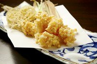 ※写真は、トウモロコシと貝柱のかき揚げ。トウモロコシのひげもカリっと揚げて…
・貝柱とそら豆
・新玉
・とうもろこし
・島らっきょう
等、日替わりで色々…
