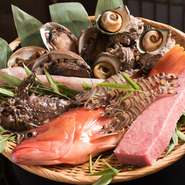 新鮮さにこだわった「マグロ」や「ハモ」など、魚は築地から直送されたものを使用。また持ち山から収穫してきた「山菜」や「栗」など、自然の恵みをふんだんに使用し、彩り豊かなひと皿をお届けしています。