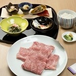 先附二種／造里／前菜盛合せ／鳥取和牛しゃぶしゃぶ/ごはん／お椀／香の物／甘味