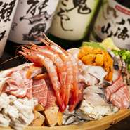 他店圧倒！！新鮮魚介が２０種以上(２０～２５種類で日替わり)当店自慢の大漁舟盛り！！
必ず人数分出てくる大漁舟盛り！食べても食べても新しいネタが出てきてビックリ！道内近海をメインに全国から直送仕入れ！！
