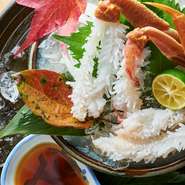 花咲くズワイ蟹の蟹足を贅沢にお刺身で。