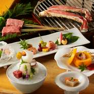 季節感あふれる料理に、炭焼きミニステーキを加えた贅沢な懐石料理。しめくくりには、【九つ井】自慢の手打ちそばをいただきます。