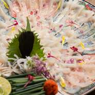 冬は下関のとらふぐ、夏は函館産の神経締め師から仕入れた天然とらふぐを使用。白子や身がたっぷり入ったクリームコロッケ、『ふぐコース』では、ヒレ酒や煮こごり、薄造りの鉄刺までもが味わえます。