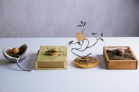 【ラチュレ】の世界観に一瞬にして魅了されるアミューズ。写真の例は、きのこ図鑑から登場するキノコのタルト、胡桃の殻から出てくる胡桃のケークサレ、鹿の毛の上に乗る鹿のマカロン、木の上にとまる鳩のサブレ。