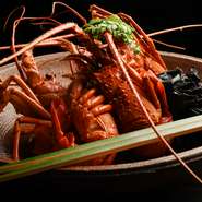 この日は、上質な伊勢海老で卓上を華やかに演出しています。朱く染め上げた殻の中から、ぷりっと弾ける甘い海老の身にご満悦。