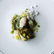 5日～7日ほど塩で水分を抜き低温熟成したスズキを、アーモンドやおくら、トマトやウニを独自に混ぜ合わせたトラパネーゼソースでいただく逸品。パウダーにしたアーモンドオイルが味に深みをプラスします。