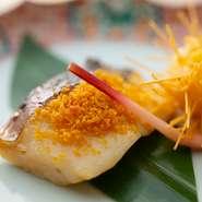 真名鰹西京焼・からすみ粉まぶし・ミニ大根・金山寺味噌・はじかみ