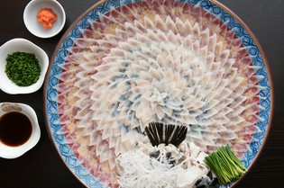 透き通るように美しい刺身を有田焼の皿に盛り付けた『ふぐ刺し』
