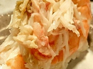 あさ海流にしゃちほこ握りにした行橋産『松川エビ』