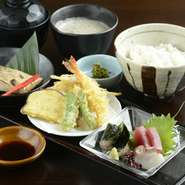 鮮魚のお刺身・天ぷら盛り合わせ・本日の焼き魚・自然薯のお刺身・麦ご飯・自然薯とろろ汁