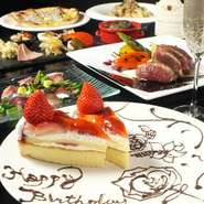 シェフ自慢のお料理をコース仕立てでお出しします。
ドルチェはケーキでのご用意で４名様以上でホールケーキに。
メッセージプレートはお気軽にご要望ください。