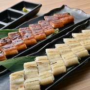 宮崎県産の鰻は3年熟成の醤油ダレを使って蒲焼きに。また鹿児島・霧島湧水鰻は炭火でパリッと焼いて白焼きに。それぞれの鰻の香ばしい味わいは格別です。