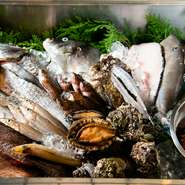 【幸丸】で供される旬の魚介は、漁師から直接仕入れる玄界灘で獲れた鮮度の良い海の幸。身の締まったお刺身をはじめ、「焼き」や「揚げ」、そして「煮魚」で、ふっくらとした上品な地魚本来の旨みを堪能できます。