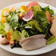 【かもめのイタリアン】の料理はどれも質・量ともに充実しています。たとえばランチタイムの『かもめのサラダ』は皿一杯の新鮮野菜の周りに小さな前菜を盛り合わせて人気です。