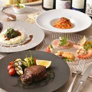 ※税・サービス料5%が加算された料金です。
※お料理の写真は一例で、季節により内容が異なります。 
※事前ご予約でドルチェにクッキープレートをサービスいたします。
※ご予約時にメッセージを以下よりお選びいただき、備考欄へご記入お願いします。
　○○○○○おめでとう　お名前　
　Happy Birthday!　お名前
※その他のメッセージプレートは+300円、ホールケーキは別料金でご用意いたしますので、ご相談ください。
