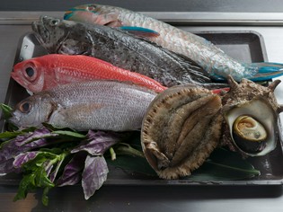 沖縄の青空のもと、すくすくと育った島野菜や自ら仕入れる魚介類