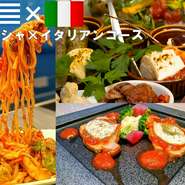 ボリューム感たっぷり！当ホテル自慢のギリシャ料理の前菜盛り合わせとイタリアン風のお食事料理とピッツァイオーラ料理（低温でゆっくりローストされたローストポークを使ったピザ風ローストポーク料理）