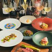 お料理7皿に半量程のグラスワイン6種をペアリング。旬の食材とペアリングワインで至福のひと時を