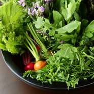 野菜はもちろん無農薬野菜や有機栽培で育った野菜を使用。山形・寒河江の農家さんから直送される旬の採れたて野菜の内容によって、その日のメニューも変わります。