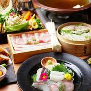 ボリュームのあるおすすめのコース。兵庫の和豚もち豚とたからポークの食べ比べができ、旬の刺身も味わえます。もち豚のヒレカツは自家製のたまごポン酢とトリュフ塩でどうぞ。