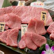 松阪牛を網羅するための特別な一皿。サーロインとヒレの二つからメインの部位を選ぶことができ、さらには希少部位まで揃います。松阪牛のおいしさをじっくりと堪能。
