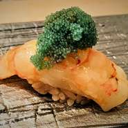北海道を代表する食材「牡丹海老」北海道以外では珍しい寿司ネタです。身が厚くプリッぷりの食感が特徴で、甘味の濃い味わい。時期により子持ちの場合もあり、新鮮な卵も一緒に味わえます！

