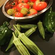 今は旬の夏野菜‼︎
ピーマン、ししとう、茄子、トマト、きゅうり、珍しい小河原オクラ‼︎9角形で肉厚で柔らかいのが特徴です。