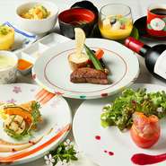ご褒美ランチに最適の9品付きコース。前菜やスープ、メインにご飯ものと和洋折衷のコースです。名物『グレープフルーツとホタテ貝のグラタン』と肉料理『特選牛フィレのロティ　季節の温野菜添え』以外は月替わり。