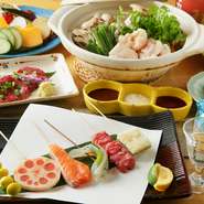 自慢の串揚げ、鶏タタキ、その他一品料理などが付く豪華な『特選宴会コース』は、各種宴会に大好評。詳しくはコースメニューをご覧ください。