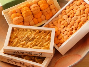 産地や品種の違いを食べ比べできる、常時2種類以上のウニを用意