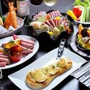 宴会プランは4名さまより、生ビールも飲める2時間飲み放題付きで5000円（税込み）より各種。コースには鮮魚料理も入りますが、その他の料理に関する希望があればご相談ください。