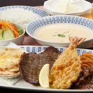 ミニステーキやタンシチュー、グラタンなど人気のメニューを一手に集めたセットです。幅広いメニューが少しずつ入っているので女性にもおすすめ。食後にはデザート＆コーヒーも登場し、満ち足りた時間を過ごせます。