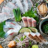 毎朝鐘崎漁港より直送される、鮮度抜群な旬の魚介が存分に味わえます。玄界灘で育った魚を贅沢に使った『本日のお刺身盛り合わせ』は旬の魚ならではの旨みや甘味が凝縮した逸品揃いです。