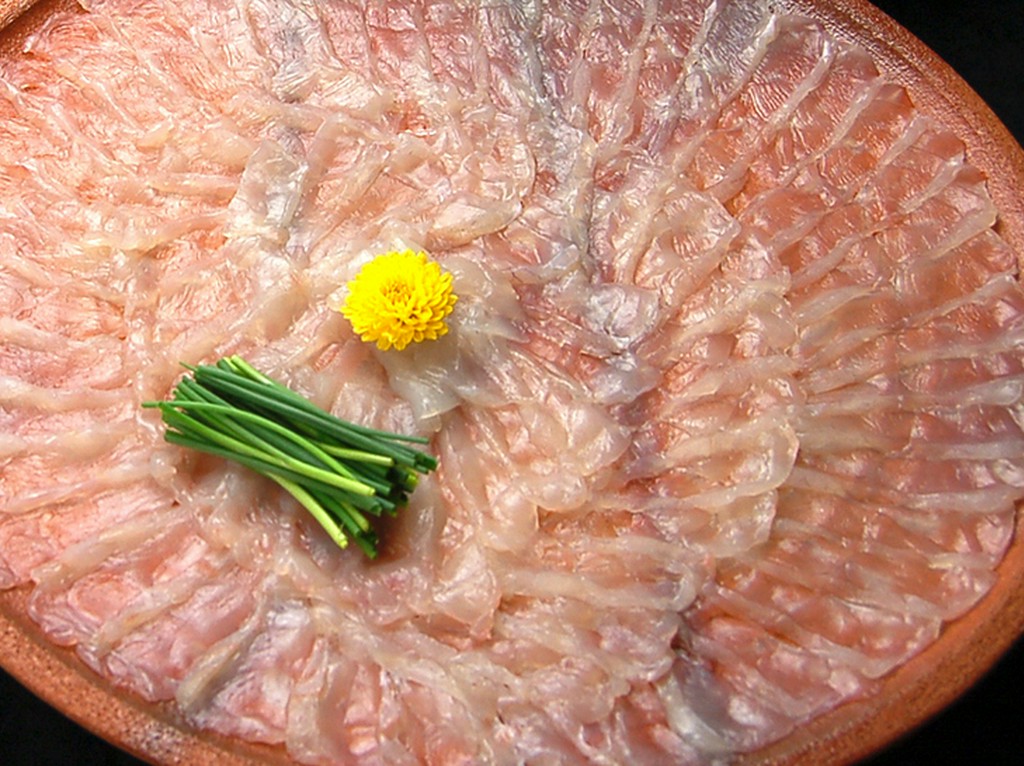 ぷりっぷりに肥えた最上級のとらふぐを、締めてからすぐに刺身にした『活けトラフグのてっさ』