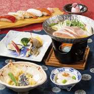 【先付】　季節の先付け
【八寸】　前菜盛合せ全6品
【小鍋】　豚の蕎麦出汁仕立て
【揚物】　天ぷら盛合せ　　　　
【食事】　握り寿司
【甘味】　季節の甘味
■仕入れ状況により内容が変わる場合がございます。