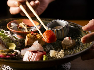 『銀座美食』コース　お造り酒肴盛り合わせ・名物カニコロッケ・フカヒレ・鰻など