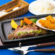 牛ロースステーキとホタテフライ