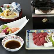 前菜：造り（季節により内容は変わります）／国産牛フィレ鉄板焼き／白菜／味噌汁／香の物、又は国産牛フィレステーキ重／味噌汁／香の物、アイスクリーム付き