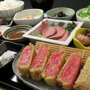 極上の黒毛和牛を使用！脂の甘みと肉の旨みを存分にご堪能ください。【内容】極上和牛レアかつ/ローストビーフ/もちもち豆富/サラダ/小鉢２種/明太子/付け合わせ/お味噌汁/白飯