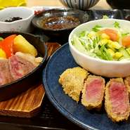 極上の黒毛和牛をレアかつ＆ステーキで！贅沢なご褒美御膳です。
【内容】極上和牛レアかつ/極上和牛ステーキ＆揚げ野菜/ローストビーフ/もちもち豆富/サラダ/小鉢２種/付け合わせ/お味噌汁/白飯