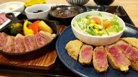 極上の黒毛和牛をレアかつ＆ステーキで！贅沢なご褒美御膳です。
【内容】極上和牛レアかつ/極上和牛ステーキ＆揚げ野菜/ローストビーフ/もちもち豆富/サラダ/小鉢２種/付け合わせ/お味噌汁/白飯