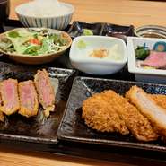 大人気の和牛かつと柔らかいヒレとんかつを一度に楽しめるスペシャル御膳です！
【内容】和牛かつ(ハーフ)/ヒレとんかつ/ローストビーフ/もちもち豆富/サラダ/小鉢２種/付け合わせ/お味噌汁/白飯
