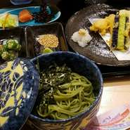 吉井・長尾製麺の茶そばを使用！天ぷらに明太子など『和』を彩り豊かに盛り込んだ御膳です。