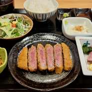 適度な脂と柔らかい肉質が特徴の、旨みたっぷりの柔らかな黒毛和牛ロースをサクッとジューシーなカツに仕上げました。ローストビーフも楽しめる贅沢御膳です。