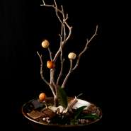 日本庭園の木々を彷彿とさせる小枝に指した丸い実。供されたときの驚きと見た目が日本の美しさを感じる一皿です。
※コース料理の一例です。仕入れ状況などにより内容を変更する場合があります。（写真はイメージ）