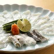 主役のフグは、フグ料理店で修業を積んだ店主が、長年の付き合いがある仕入れ先から活け締めで調達しています。長崎や愛媛、淡路島から届く、粒よりの逸品。季節や産地により特徴を見極める、目利きの技が光ります。